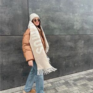 Brown Puffer Jacket with Beige Scarf